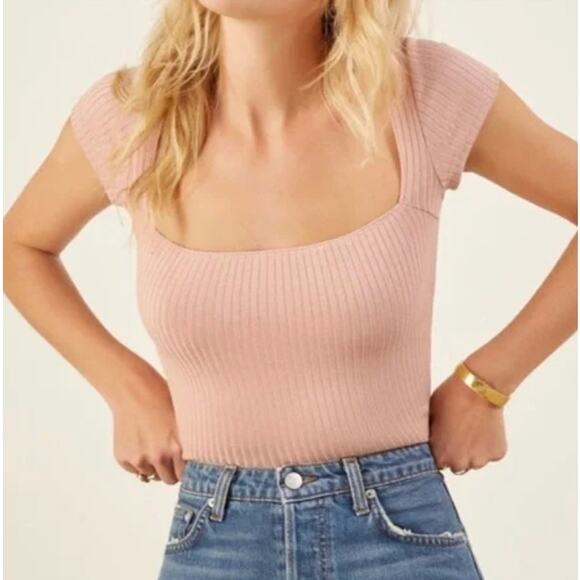 Reformation Tops - Reformation Cap-Sleeve Ribbed Knit Square Neck Blush Pink Bardot Top Small